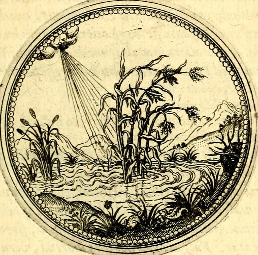 An illustration from Joachimi Camerarii Symbolorvm et emblematvm centvriæ tres. I. Ex herbis & stirpibus. II. Ex animalibus quadrupedibus. III. Ex volatilibus & insectis. Accessit noviter centvria IV. Ex aquatilibus & reptilibus. Cvm figvris æneis, 1605, leaf 194