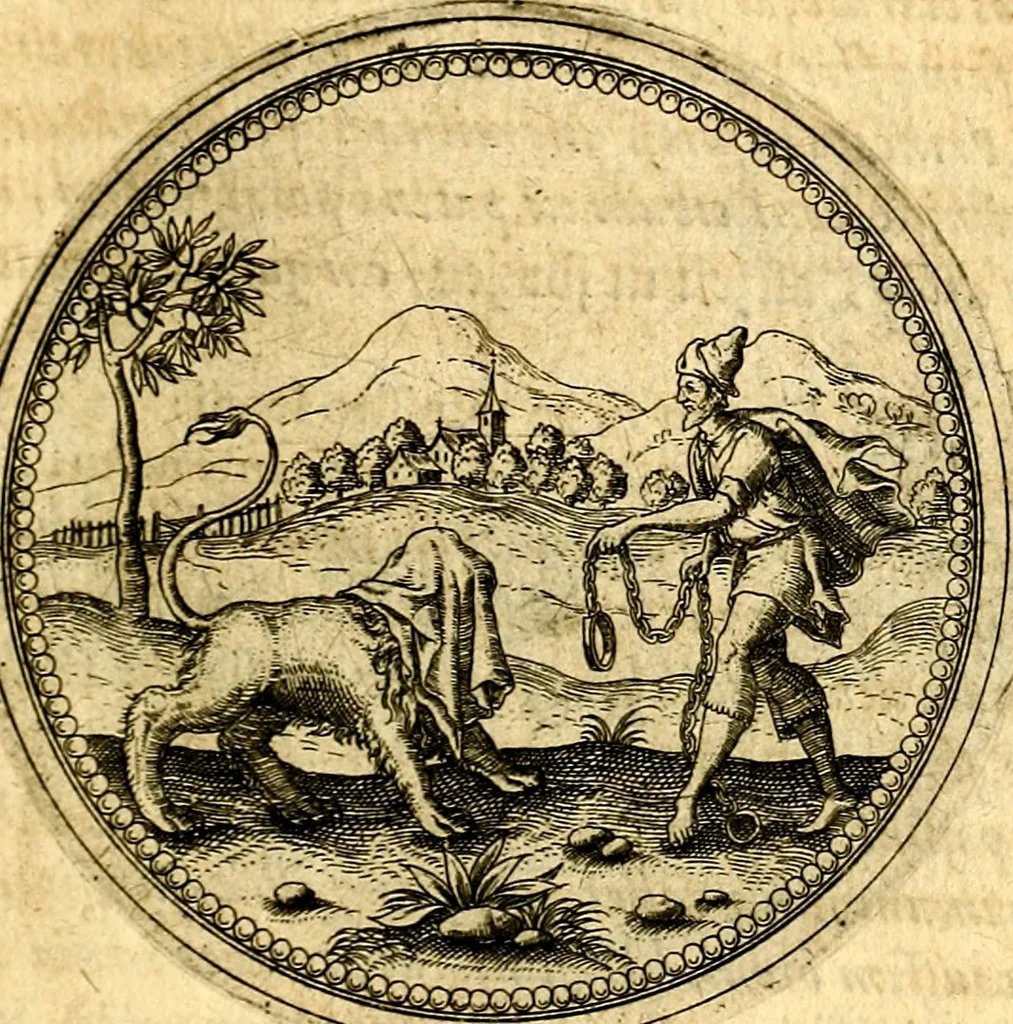 An illustration from Joachimi Camerarii Symbolorvm et emblematvm centvriæ tres. I. Ex herbis & stirpibus. II. Ex animalibus quadrupedibus. III. Ex volatilibus & insectis. Accessit noviter centvria IV. Ex aquatilibus & reptilibus. Cvm figvris æneis, 1605, leaf 228
