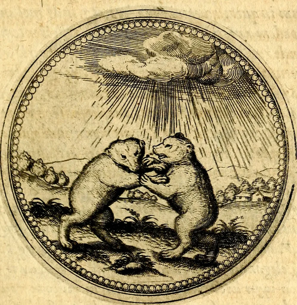 An illustration from Joachimi Camerarii Symbolorvm et emblematvm centvriæ tres. I. Ex herbis & stirpibus. II. Ex animalibus quadrupedibus. III. Ex volatilibus & insectis. Accessit noviter centvria IV. Ex aquatilibus & reptilibus. Cvm figvris æneis, 1605, leaf 252