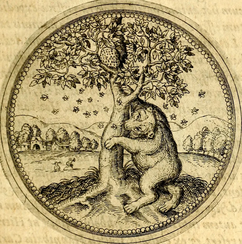 An illustration from Joachimi Camerarii Symbolorvm et emblematvm centvriæ tres. I. Ex herbis & stirpibus. II. Ex animalibus quadrupedibus. III. Ex volatilibus & insectis. Accessit noviter centvria IV. Ex aquatilibus & reptilibus. Cvm figvris æneis, 1605, leaf 254
