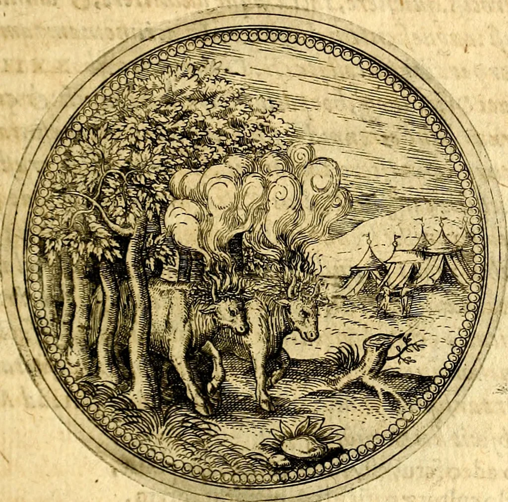An illustration from Joachimi Camerarii Symbolorvm et emblematvm centvriæ tres. I. Ex herbis & stirpibus. II. Ex animalibus quadrupedibus. III. Ex volatilibus & insectis. Accessit noviter centvria IV. Ex aquatilibus & reptilibus. Cvm figvris æneis, 1605, leaf 258