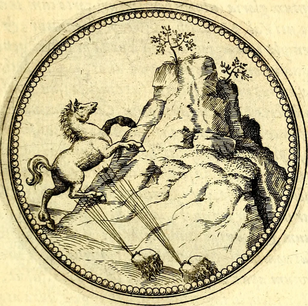 An illustration from Joachimi Camerarii Symbolorvm et emblematvm centvriæ tres. I. Ex herbis & stirpibus. II. Ex animalibus quadrupedibus. III. Ex volatilibus & insectis. Accessit noviter centvria IV. Ex aquatilibus & reptilibus. Cvm figvris æneis, 1605, leaf 264