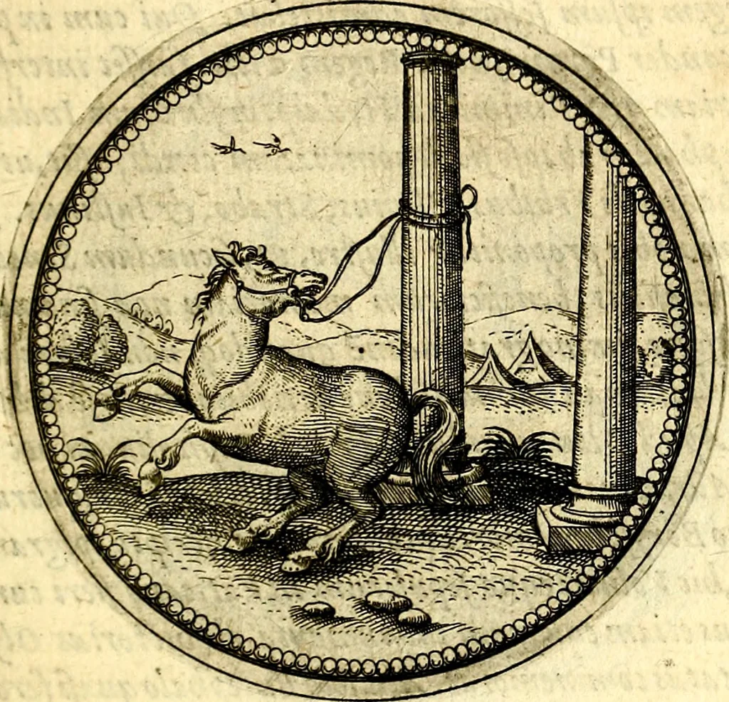 An illustration from Joachimi Camerarii Symbolorvm et emblematvm centvriæ tres. I. Ex herbis & stirpibus. II. Ex animalibus quadrupedibus. III. Ex volatilibus & insectis. Accessit noviter centvria IV. Ex aquatilibus & reptilibus. Cvm figvris æneis, 1605, leaf 270