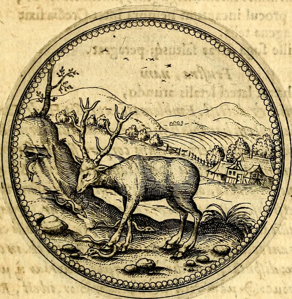 An illustration from Joachimi Camerarii Symbolorvm et emblematvm centvriæ tres. I. Ex herbis & stirpibus. II. Ex animalibus quadrupedibus. III. Ex volatilibus & insectis. Accessit noviter centvria IV. Ex aquatilibus & reptilibus. Cvm figvris æneis, 1605, leaf 288
