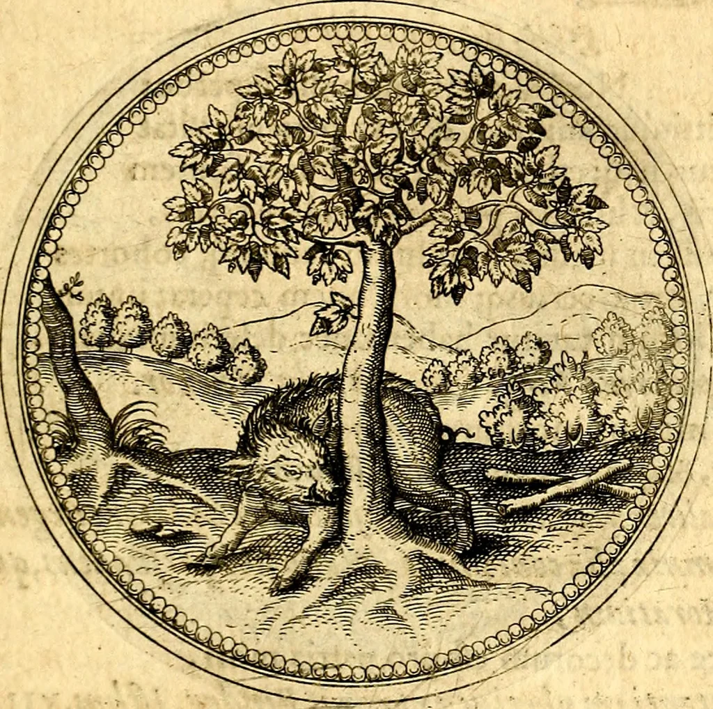 An illustration from Joachimi Camerarii Symbolorvm et emblematvm centvriæ tres. I. Ex herbis & stirpibus. II. Ex animalibus quadrupedibus. III. Ex volatilibus & insectis. Accessit noviter centvria IV. Ex aquatilibus & reptilibus. Cvm figvris æneis, 1605, leaf 302