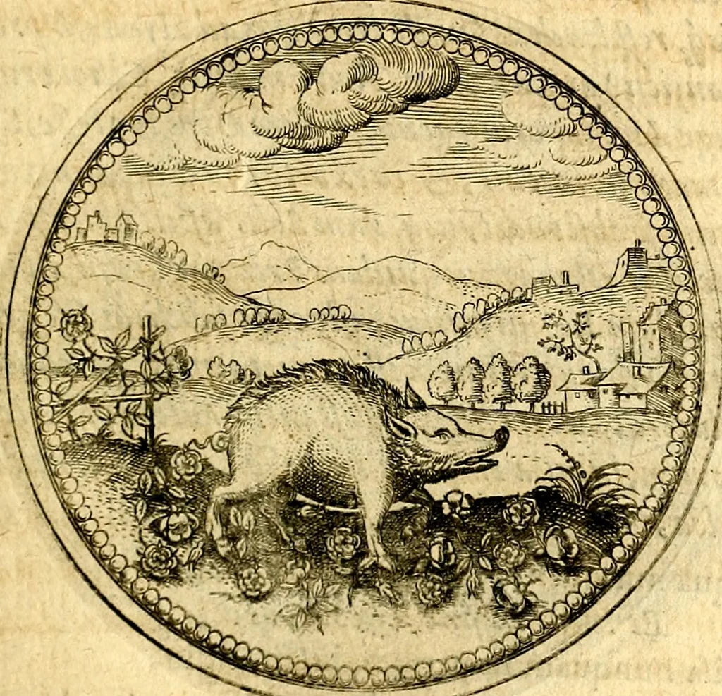 An illustration from Joachimi Camerarii Symbolorvm et emblematvm centvriæ tres. I. Ex herbis & stirpibus. II. Ex animalibus quadrupedibus. III. Ex volatilibus & insectis. Accessit noviter centvria IV. Ex aquatilibus & reptilibus. Cvm figvris æneis, 1605, leaf 308