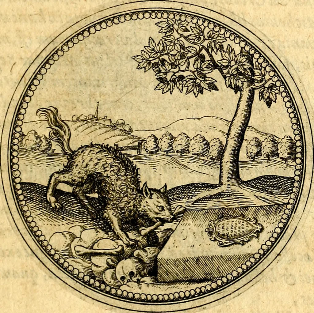 An illustration from Joachimi Camerarii Symbolorvm et emblematvm centvriæ tres. I. Ex herbis & stirpibus. II. Ex animalibus quadrupedibus. III. Ex volatilibus & insectis. Accessit noviter centvria IV. Ex aquatilibus & reptilibus. Cvm figvris æneis, 1605, leaf 314