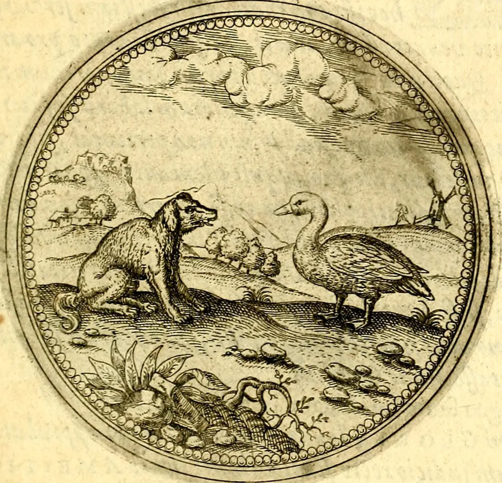 An illustration from Joachimi Camerarii Symbolorvm et emblematvm centvriæ tres. I. Ex herbis & stirpibus. II. Ex animalibus quadrupedibus. III. Ex volatilibus & insectis. Accessit noviter centvria IV. Ex aquatilibus & reptilibus. Cvm figvris æneis, 1605, leaf 332