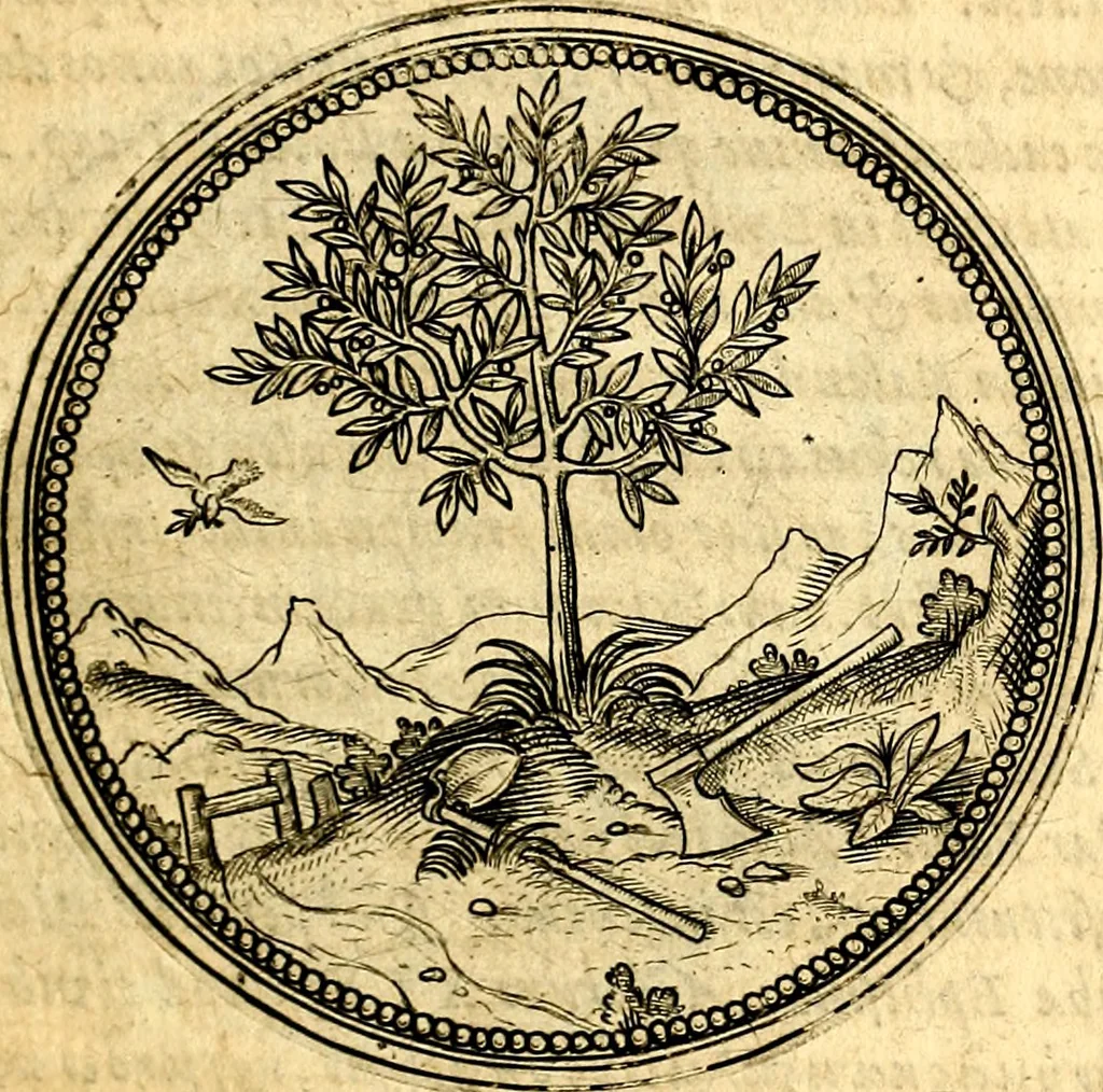 An illustration from Joachimi Camerarii Symbolorvm et emblematvm centvriæ tres. I. Ex herbis & stirpibus. II. Ex animalibus quadrupedibus. III. Ex volatilibus & insectis. Accessit noviter centvria IV. Ex aquatilibus & reptilibus. Cvm figvris æneis, 1605, leaf 34