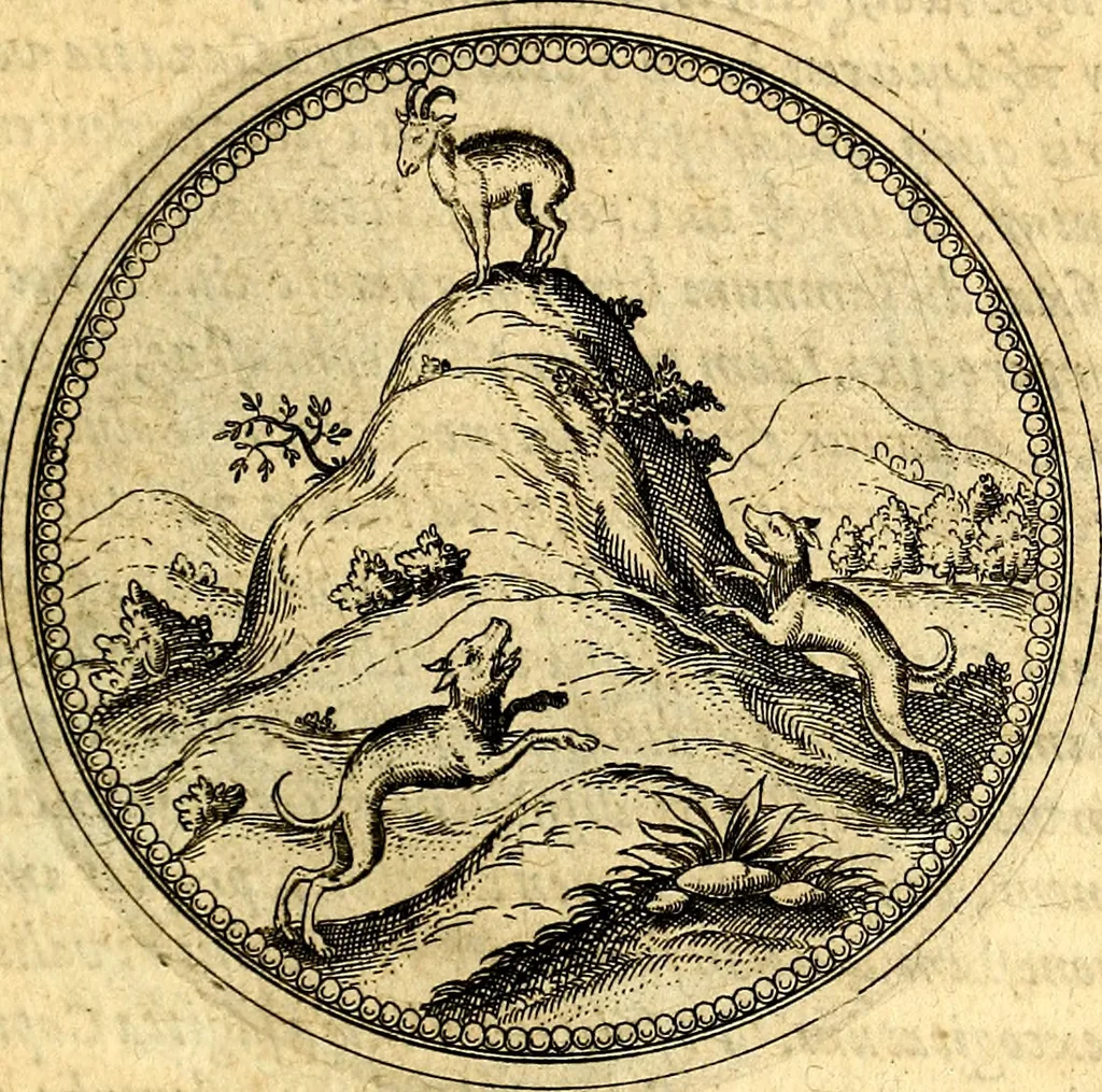 An illustration from Joachimi Camerarii Symbolorvm et emblematvm centvriæ tres. I. Ex herbis & stirpibus. II. Ex animalibus quadrupedibus. III. Ex volatilibus & insectis. Accessit noviter centvria IV. Ex aquatilibus & reptilibus. Cvm figvris æneis, 1605, leaf 344