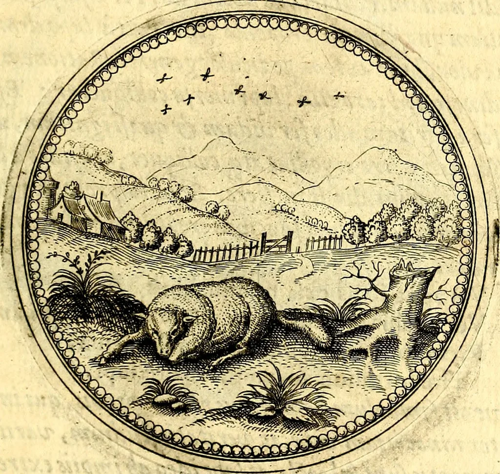 An illustration from Joachimi Camerarii Symbolorvm et emblematvm centvriæ tres. I. Ex herbis & stirpibus. II. Ex animalibus quadrupedibus. III. Ex volatilibus & insectis. Accessit noviter centvria IV. Ex aquatilibus & reptilibus. Cvm figvris æneis, 1605, leaf 350