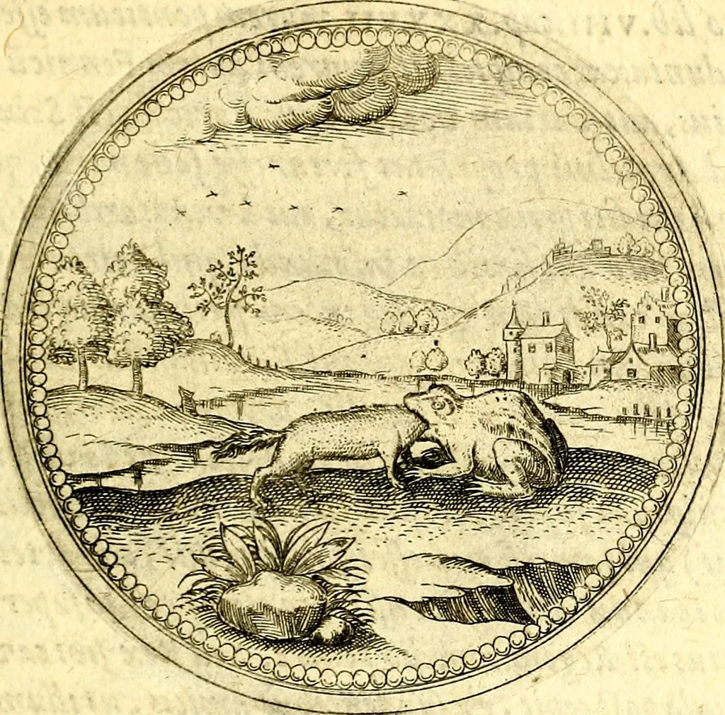 An illustration from Joachimi Camerarii Symbolorvm et emblematvm centvriæ tres. I. Ex herbis & stirpibus. II. Ex animalibus quadrupedibus. III. Ex volatilibus & insectis. Accessit noviter centvria IV. Ex aquatilibus & reptilibus. Cvm figvris æneis, 1605, leaf 368