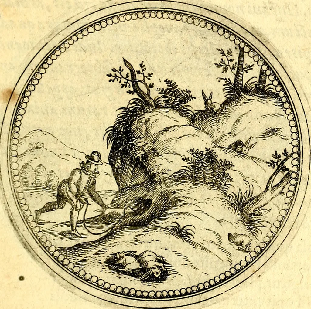An illustration from Joachimi Camerarii Symbolorvm et emblematvm centvriæ tres. I. Ex herbis & stirpibus. II. Ex animalibus quadrupedibus. III. Ex volatilibus & insectis. Accessit noviter centvria IV. Ex aquatilibus & reptilibus. Cvm figvris æneis, 1605, leaf 372
