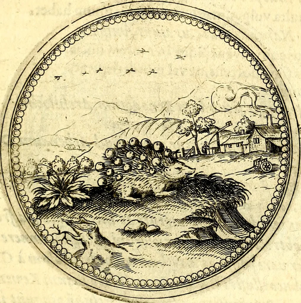 An illustration from Joachimi Camerarii Symbolorvm et emblematvm centvriæ tres. I. Ex herbis & stirpibus. II. Ex animalibus quadrupedibus. III. Ex volatilibus & insectis. Accessit noviter centvria IV. Ex aquatilibus & reptilibus. Cvm figvris æneis, 1605, leaf 378