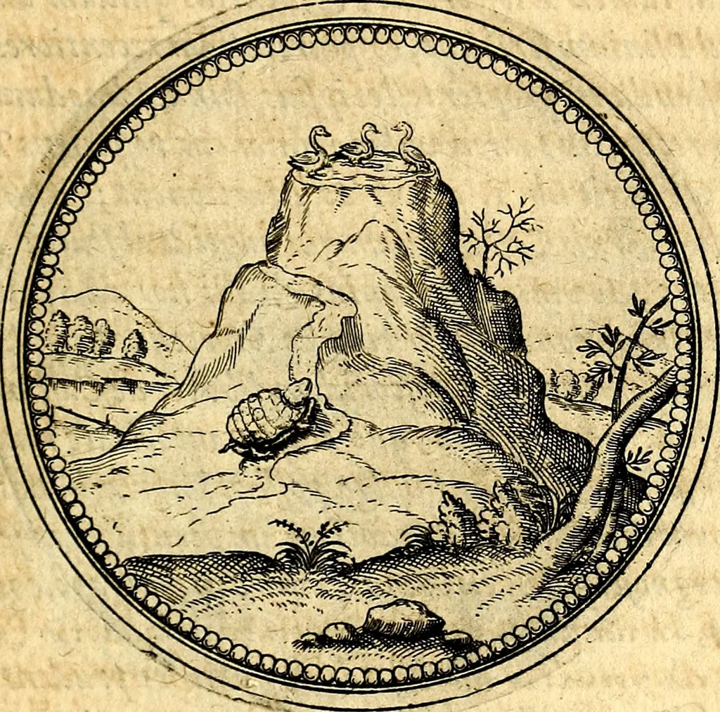 An illustration from Joachimi Camerarii Symbolorvm et emblematvm centvriæ tres. I. Ex herbis & stirpibus. II. Ex animalibus quadrupedibus. III. Ex volatilibus & insectis. Accessit noviter centvria IV. Ex aquatilibus & reptilibus. Cvm figvris æneis, 1605, leaf 392