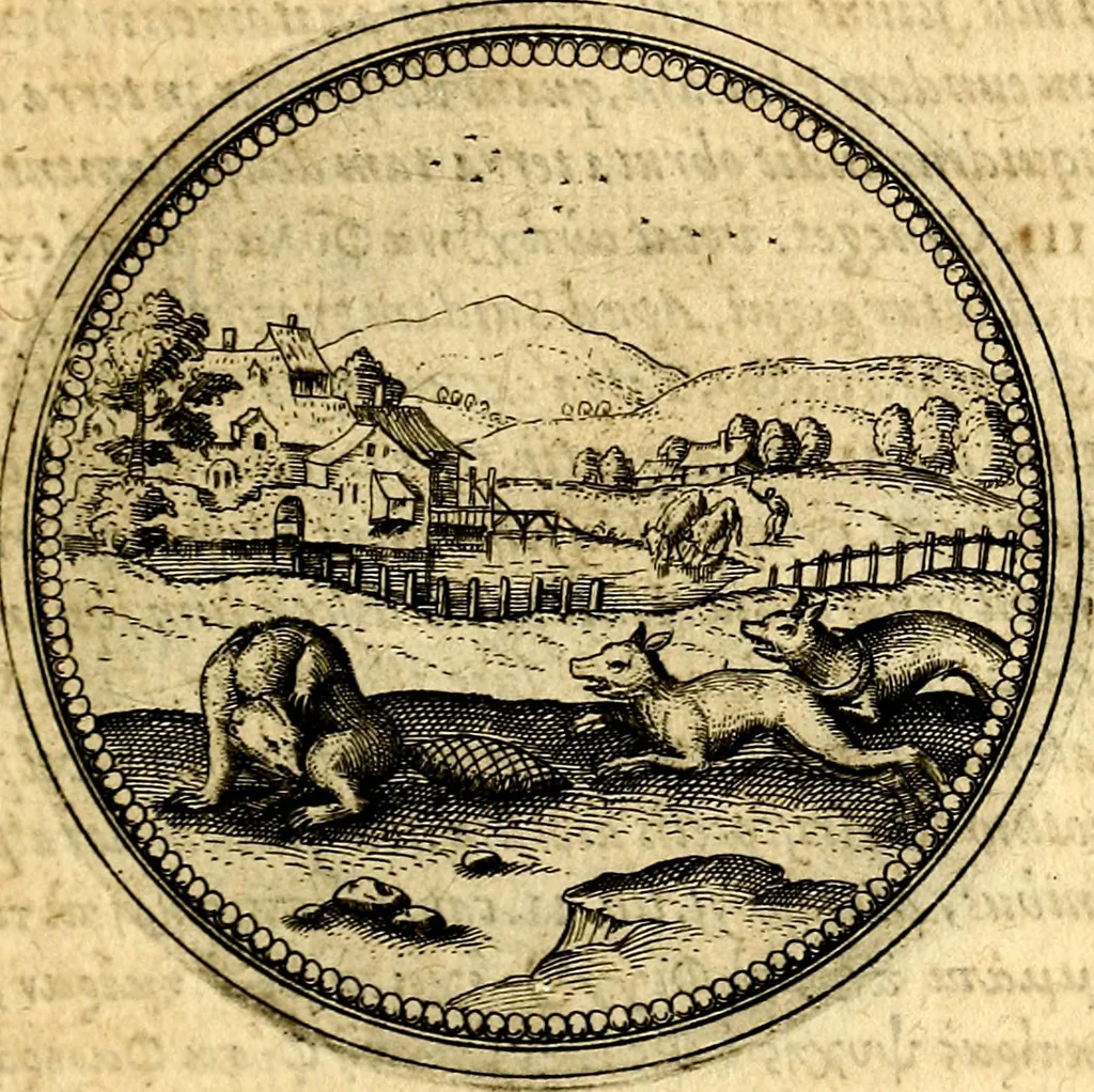 An illustration from Joachimi Camerarii Symbolorvm et emblematvm centvriæ tres. I. Ex herbis & stirpibus. II. Ex animalibus quadrupedibus. III. Ex volatilibus & insectis. Accessit noviter centvria IV. Ex aquatilibus & reptilibus. Cvm figvris æneis, 1605, leaf 394