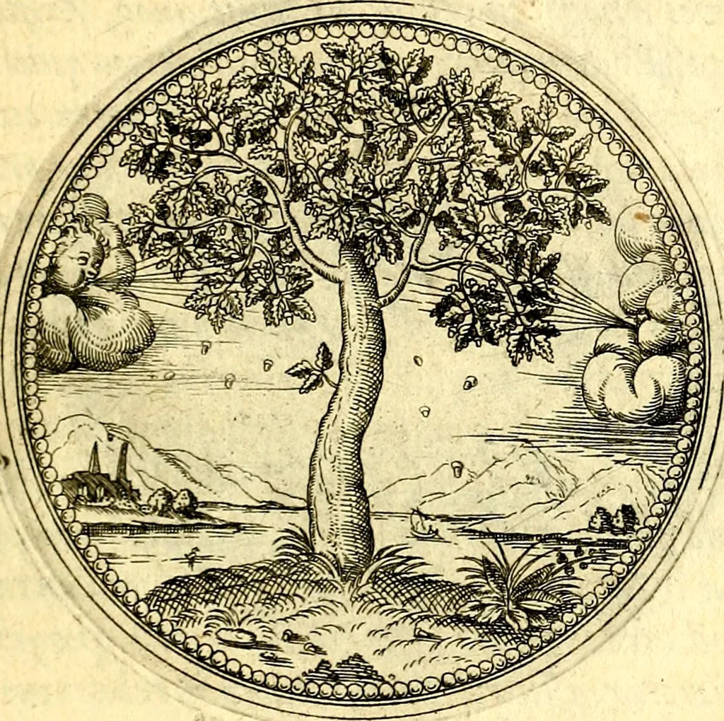 An illustration from Joachimi Camerarii Symbolorvm et emblematvm centvriæ tres. I. Ex herbis & stirpibus. II. Ex animalibus quadrupedibus. III. Ex volatilibus & insectis. Accessit noviter centvria IV. Ex aquatilibus & reptilibus. Cvm figvris æneis, 1605, leaf 40