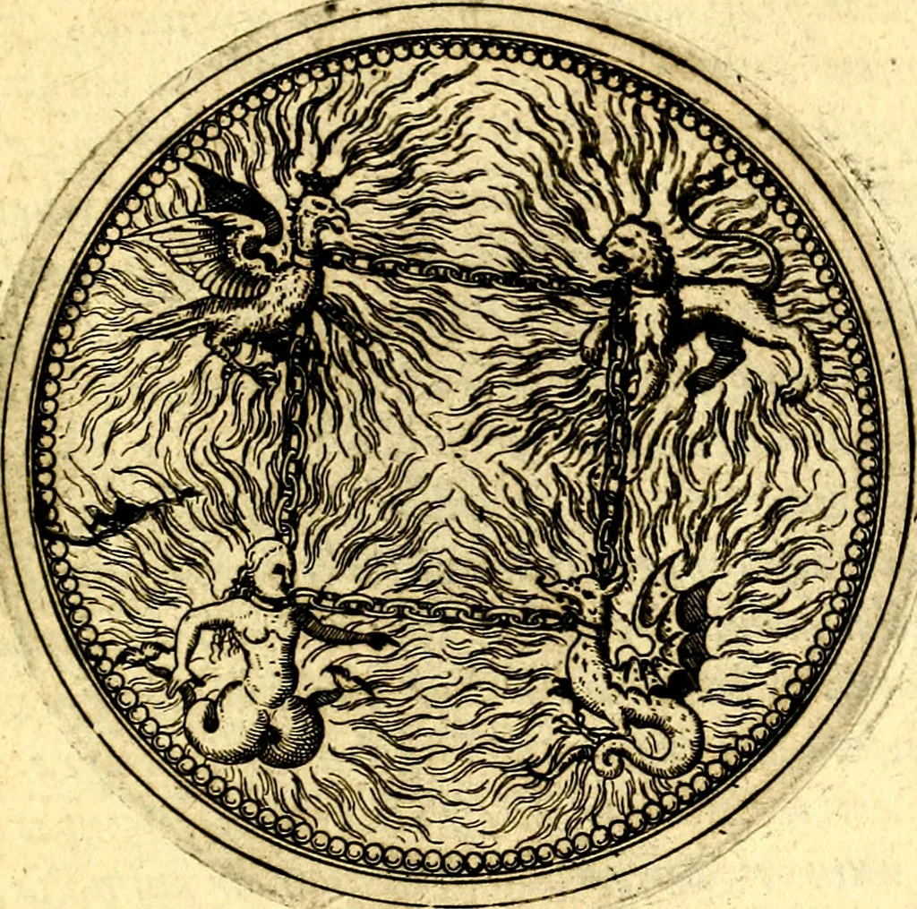 An illustration from Joachimi Camerarii Symbolorvm et emblematvm centvriæ tres. I. Ex herbis & stirpibus. II. Ex animalibus quadrupedibus. III. Ex volatilibus & insectis. Accessit noviter centvria IV. Ex aquatilibus & reptilibus. Cvm figvris æneis, 1605, leaf 408