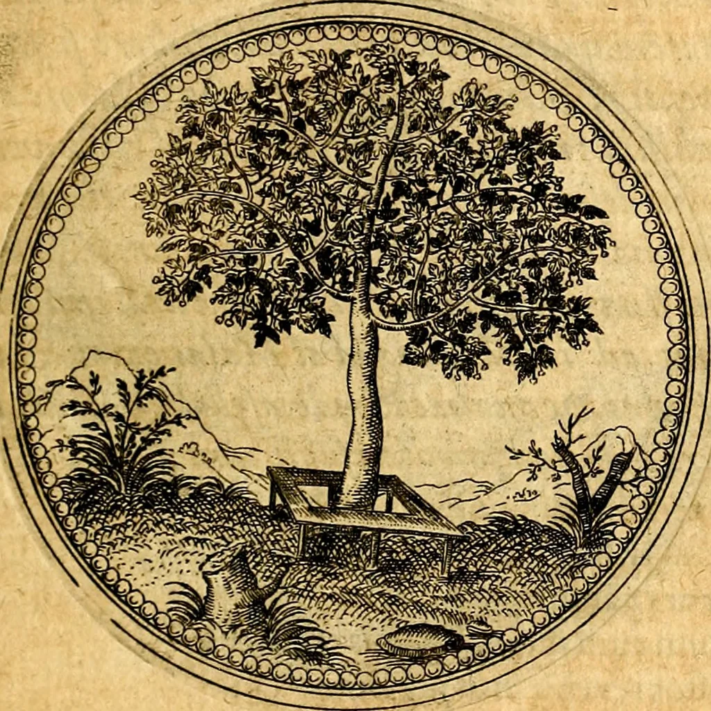 An illustration from Joachimi Camerarii Symbolorvm et emblematvm centvriæ tres. I. Ex herbis & stirpibus. II. Ex animalibus quadrupedibus. III. Ex volatilibus & insectis. Accessit noviter centvria IV. Ex aquatilibus & reptilibus. Cvm figvris æneis, 1605, leaf 44