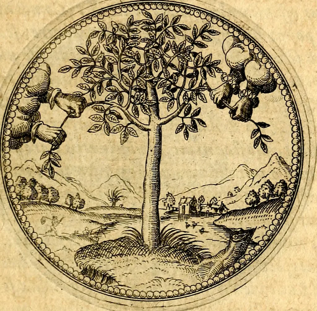 An illustration from Joachimi Camerarii Symbolorvm et emblematvm centvriæ tres. I. Ex herbis & stirpibus. II. Ex animalibus quadrupedibus. III. Ex volatilibus & insectis. Accessit noviter centvria IV. Ex aquatilibus & reptilibus. Cvm figvris æneis, 1605, leaf 48