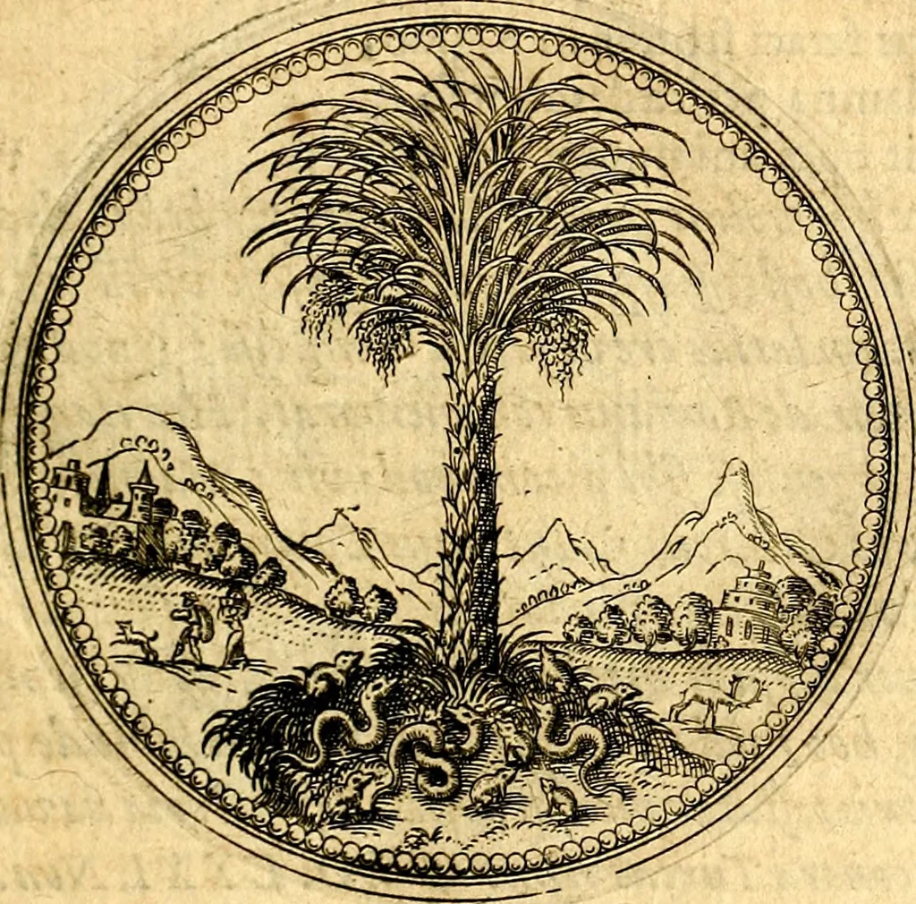 An illustration from Joachimi Camerarii Symbolorvm et emblematvm centvriæ tres. I. Ex herbis & stirpibus. II. Ex animalibus quadrupedibus. III. Ex volatilibus & insectis. Accessit noviter centvria IV. Ex aquatilibus & reptilibus. Cvm figvris æneis, 1605, leaf 54