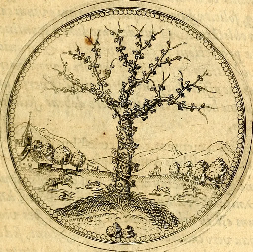 An illustration from Joachimi Camerarii Symbolorvm et emblematvm centvriæ tres. I. Ex herbis & stirpibus. II. Ex animalibus quadrupedibus. III. Ex volatilibus & insectis. Accessit noviter centvria IV. Ex aquatilibus & reptilibus. Cvm figvris æneis, 1605, leaf 58