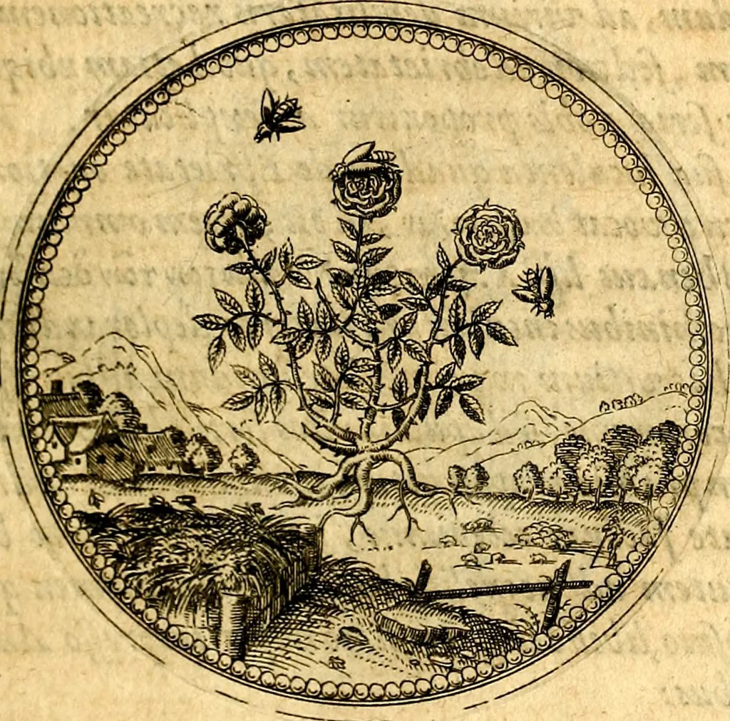 An illustration from Joachimi Camerarii Symbolorvm et emblematvm centvriæ tres. I. Ex herbis & stirpibus. II. Ex animalibus quadrupedibus. III. Ex volatilibus & insectis. Accessit noviter centvria IV. Ex aquatilibus & reptilibus. Cvm figvris æneis, 1605, leaf 98