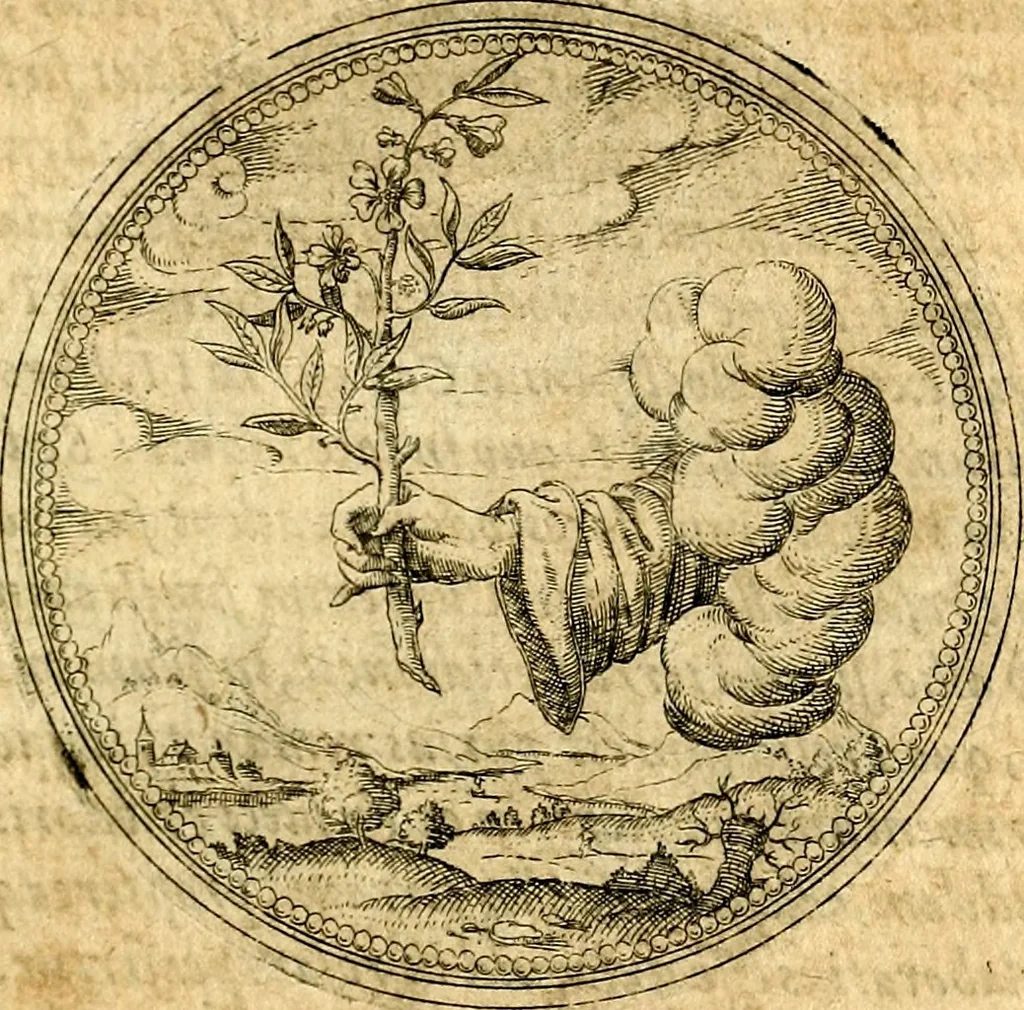 An illustration from Joachimi Camerarii Symbolorvm et emblematvm centvriæ tres. I. Ex herbis & stirpibus. II. Ex animalibus quadrupedibus. III. Ex volatilibus & insectis. Accessit noviter centvria IV. Ex aquatilibus & reptilibus. Cvm figvris æneis, 1605, leaf 116