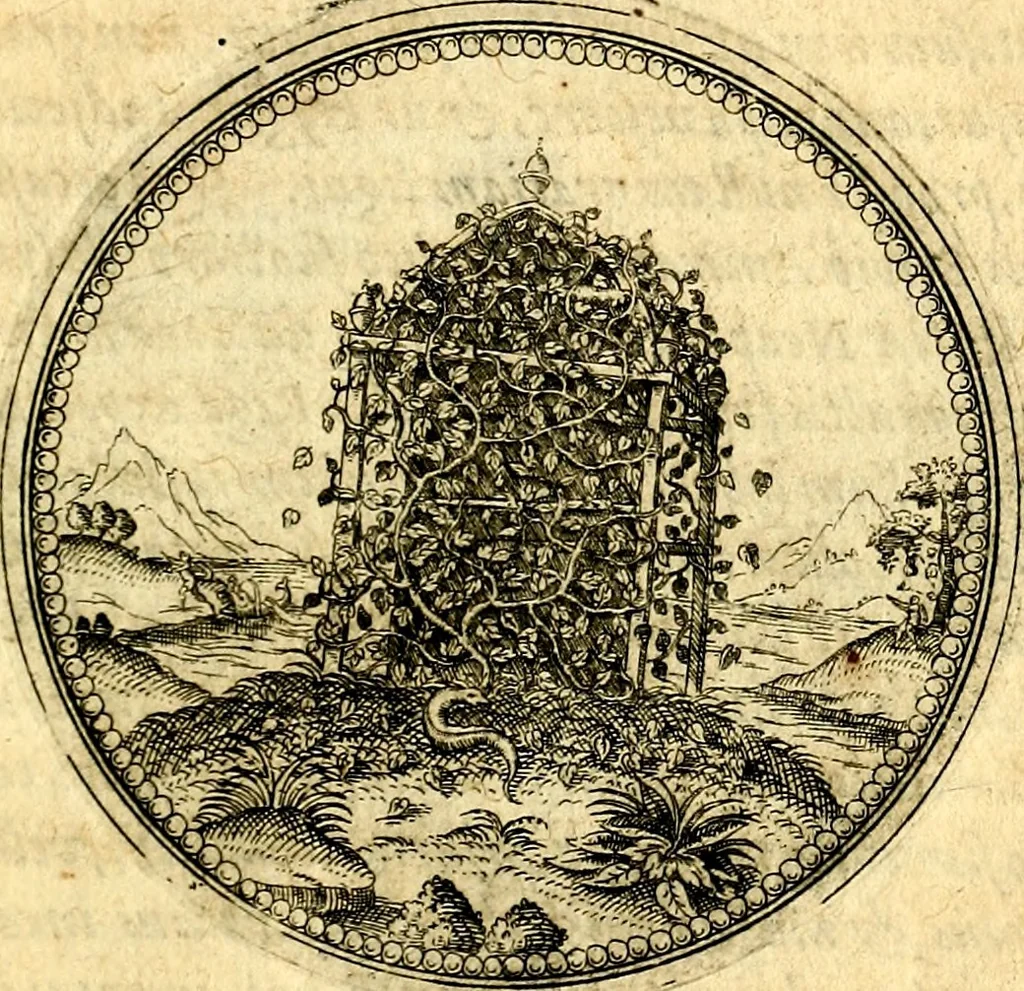 An illustration from Joachimi Camerarii Symbolorvm et emblematvm centvriæ tres. I. Ex herbis & stirpibus. II. Ex animalibus quadrupedibus. III. Ex volatilibus & insectis. Accessit noviter centvria IV. Ex aquatilibus & reptilibus. Cvm figvris æneis, 1605, leaf 142