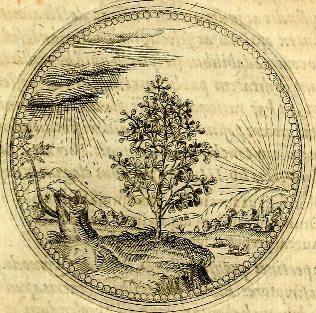 An illustration from Joachimi Camerarii Symbolorvm et emblematvm centvriæ tres. I. Ex herbis & stirpibus. II. Ex animalibus quadrupedibus. III. Ex volatilibus & insectis. Accessit noviter centvria IV. Ex aquatilibus & reptilibus. Cvm figvris æneis, 1605, leaf 144