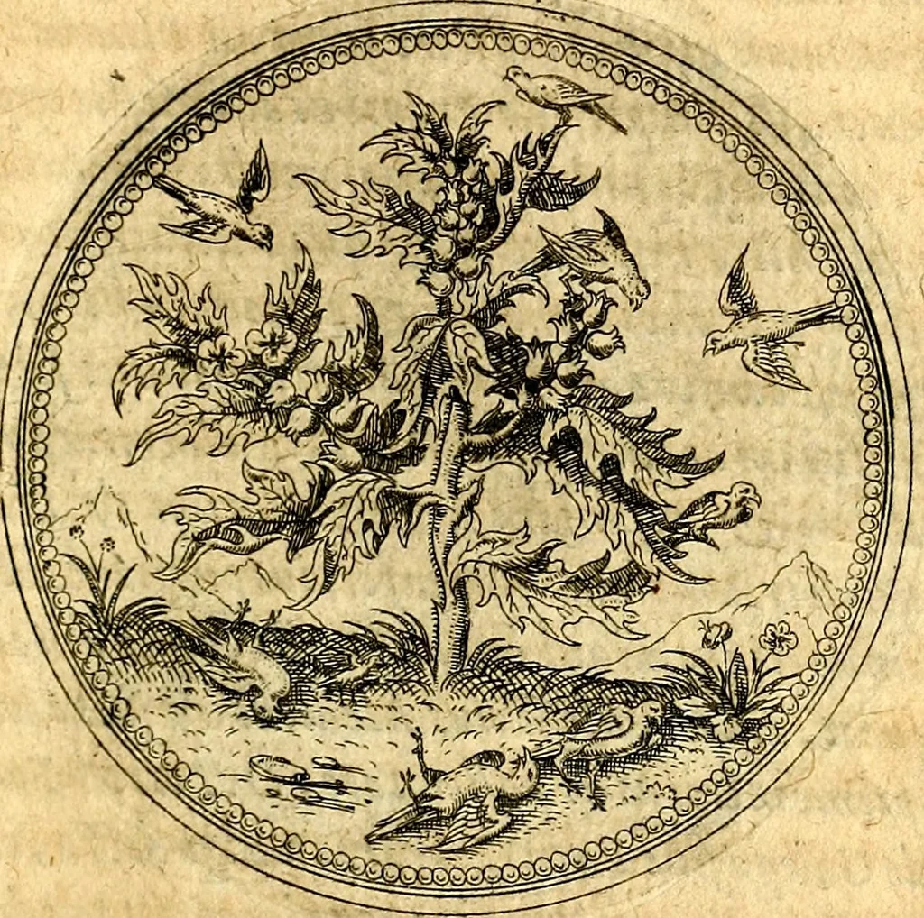 An illustration from Joachimi Camerarii Symbolorvm et emblematvm centvriæ tres. I. Ex herbis & stirpibus. II. Ex animalibus quadrupedibus. III. Ex volatilibus & insectis. Accessit noviter centvria IV. Ex aquatilibus & reptilibus. Cvm figvris æneis, 1605, leaf 180
