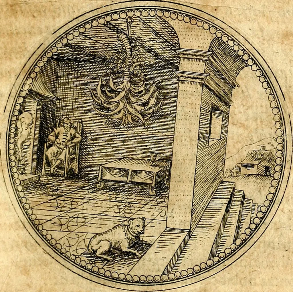 An illustration from Joachimi Camerarii Symbolorvm et emblematvm centvriæ tres. I. Ex herbis & stirpibus. II. Ex animalibus quadrupedibus. III. Ex volatilibus & insectis. Accessit noviter centvria IV. Ex aquatilibus & reptilibus. Cvm figvris æneis, 1605, leaf 194