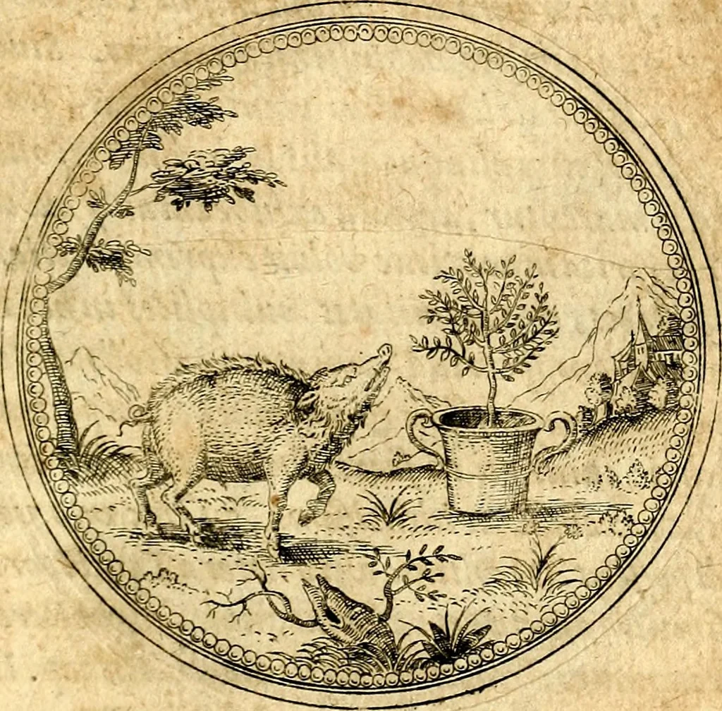 An illustration from Joachimi Camerarii Symbolorvm et emblematvm centvriæ tres. I. Ex herbis & stirpibus. II. Ex animalibus quadrupedibus. III. Ex volatilibus & insectis. Accessit noviter centvria IV. Ex aquatilibus & reptilibus. Cvm figvris æneis, 1605, leaf 196