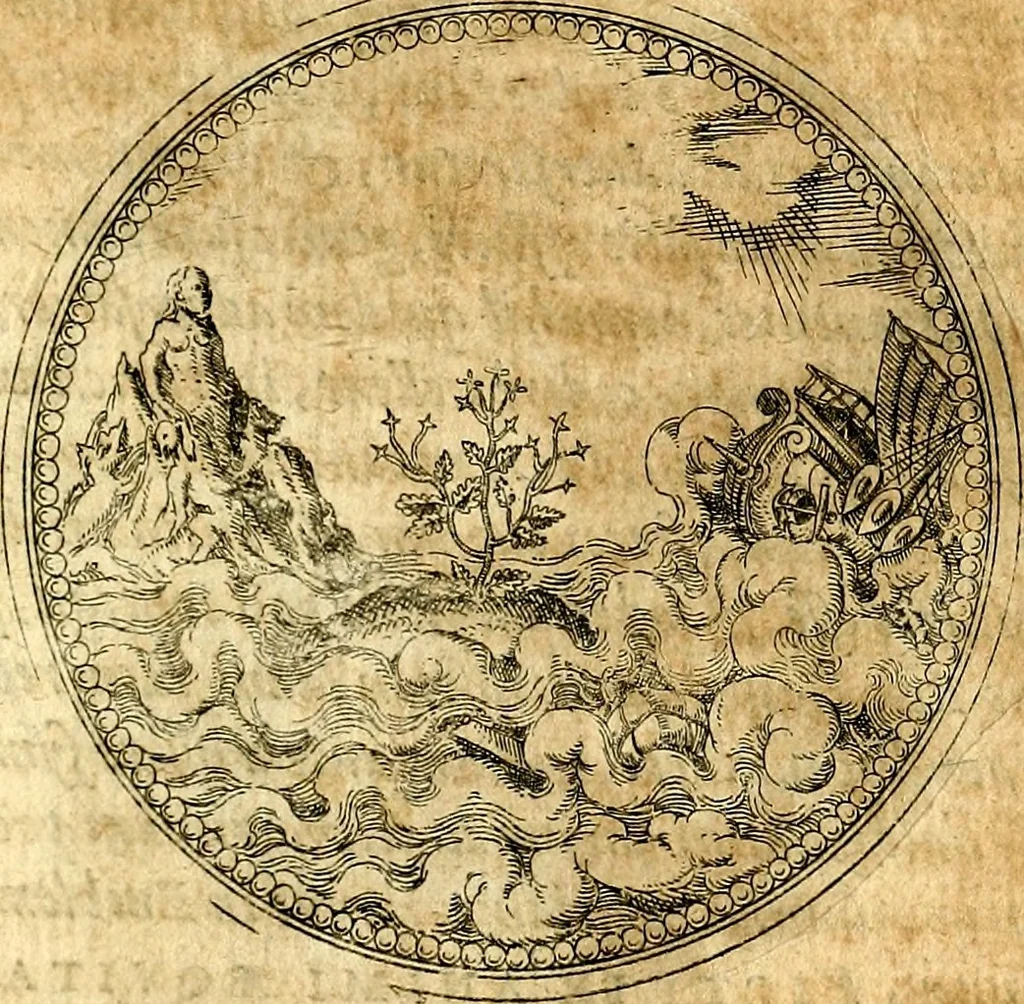 An illustration from Joachimi Camerarii Symbolorvm et emblematvm centvriæ tres. I. Ex herbis & stirpibus. II. Ex animalibus quadrupedibus. III. Ex volatilibus & insectis. Accessit noviter centvria IV. Ex aquatilibus & reptilibus. Cvm figvris æneis, 1605, leaf 198