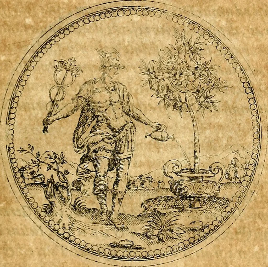 An illustration from Joachimi Camerarii Symbolorvm et emblematvm centvriæ tres. I. Ex herbis & stirpibus. II. Ex animalibus quadrupedibus. III. Ex volatilibus & insectis. Accessit noviter centvria IV. Ex aquatilibus & reptilibus. Cvm figvris æneis, 1605, leaf 20