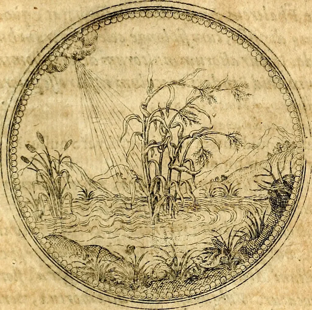 An illustration from Joachimi Camerarii Symbolorvm et emblematvm centvriæ tres. I. Ex herbis & stirpibus. II. Ex animalibus quadrupedibus. III. Ex volatilibus & insectis. Accessit noviter centvria IV. Ex aquatilibus & reptilibus. Cvm figvris æneis, 1605, leaf 200
