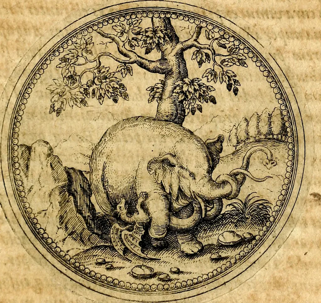 An illustration from Joachimi Camerarii Symbolorvm et emblematvm centvriæ tres. I. Ex herbis & stirpibus. II. Ex animalibus quadrupedibus. III. Ex volatilibus & insectis. Accessit noviter centvria IV. Ex aquatilibus & reptilibus. Cvm figvris æneis, 1605, leaf 220