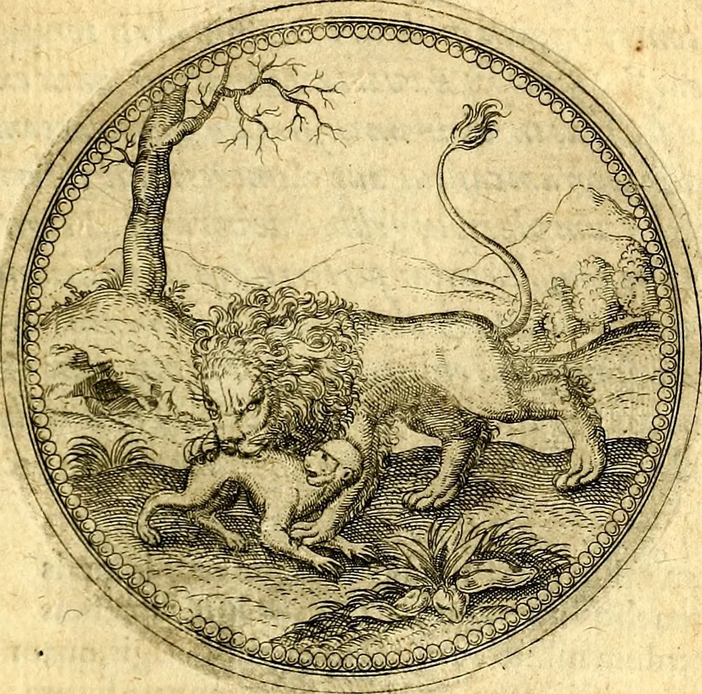 An illustration from Joachimi Camerarii Symbolorvm et emblematvm centvriæ tres. I. Ex herbis & stirpibus. II. Ex animalibus quadrupedibus. III. Ex volatilibus & insectis. Accessit noviter centvria IV. Ex aquatilibus & reptilibus. Cvm figvris æneis, 1605, leaf 230