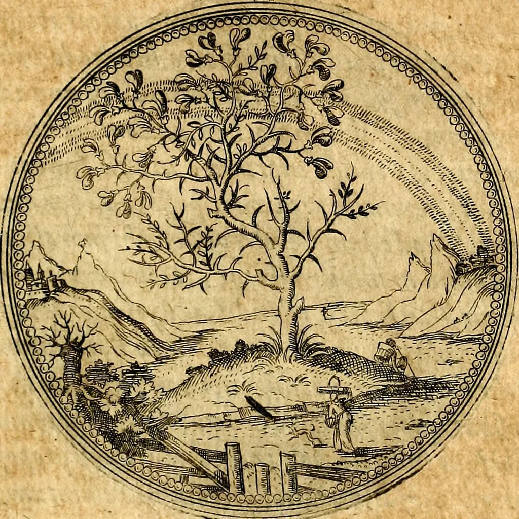 An illustration from Joachimi Camerarii Symbolorvm et emblematvm centvriæ tres. I. Ex herbis & stirpibus. II. Ex animalibus quadrupedibus. III. Ex volatilibus & insectis. Accessit noviter centvria IV. Ex aquatilibus & reptilibus. Cvm figvris æneis, 1605, leaf 24