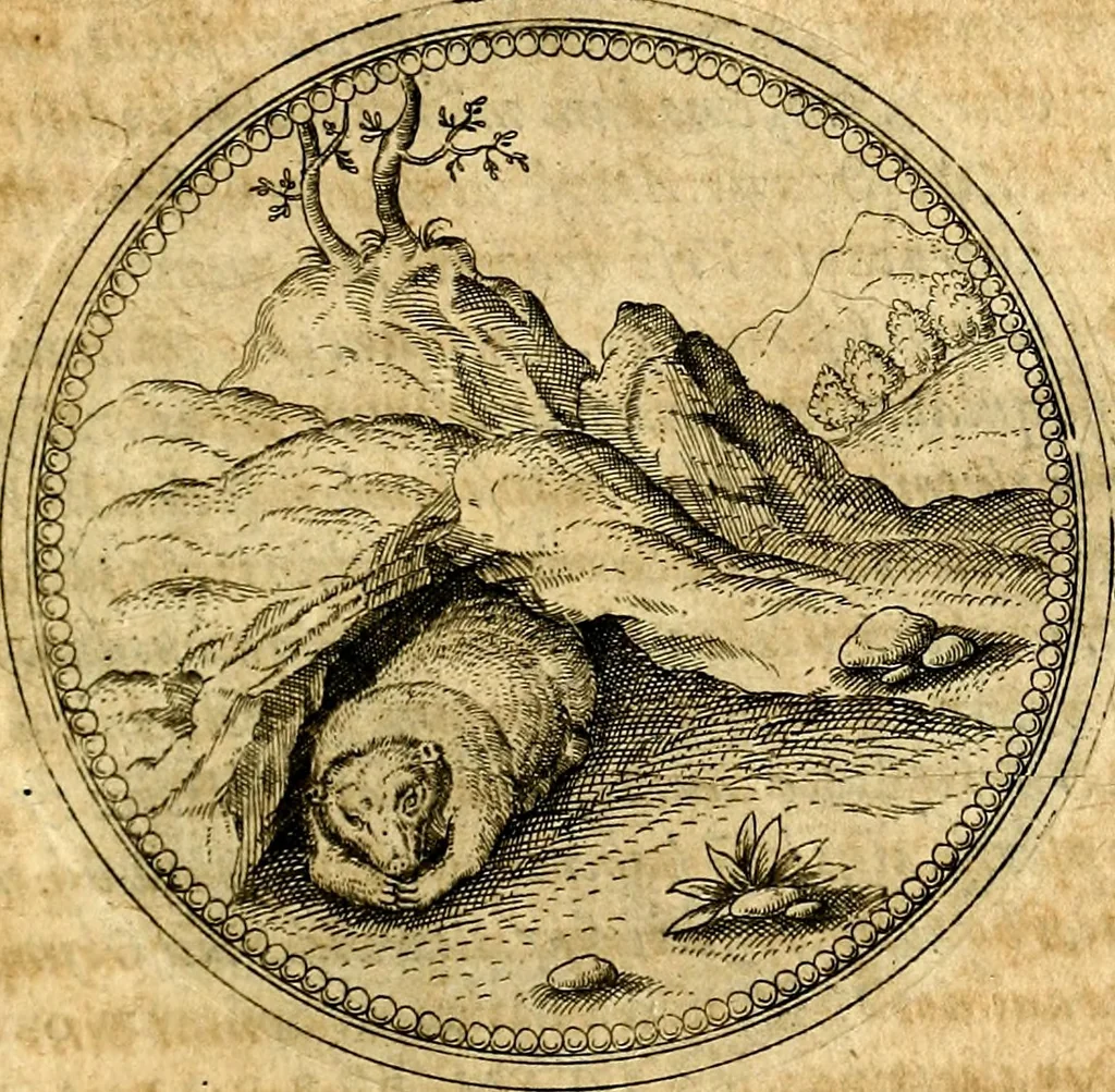 An illustration from Joachimi Camerarii Symbolorvm et emblematvm centvriæ tres. I. Ex herbis & stirpibus. II. Ex animalibus quadrupedibus. III. Ex volatilibus & insectis. Accessit noviter centvria IV. Ex aquatilibus & reptilibus. Cvm figvris æneis, 1605, leaf 254