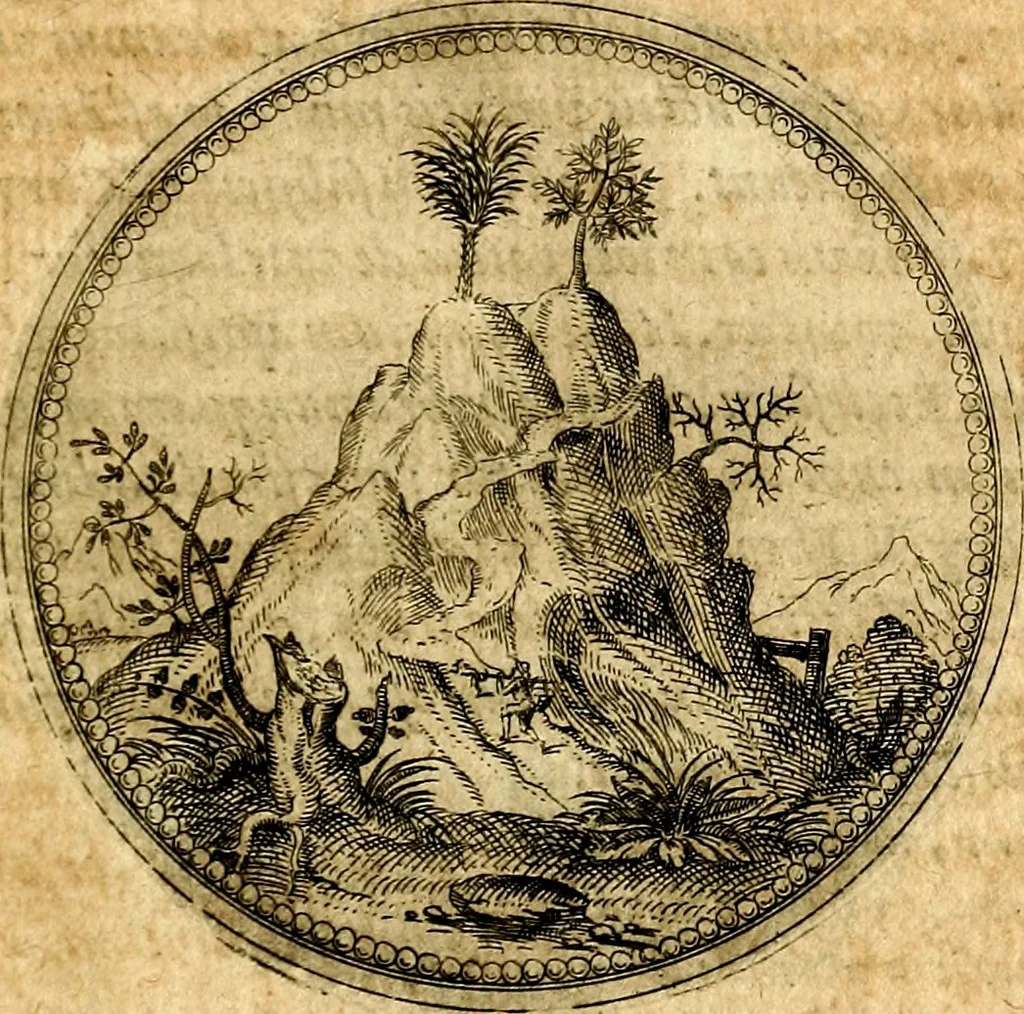 An illustration from Joachimi Camerarii Symbolorvm et emblematvm centvriæ tres. I. Ex herbis & stirpibus. II. Ex animalibus quadrupedibus. III. Ex volatilibus & insectis. Accessit noviter centvria IV. Ex aquatilibus & reptilibus. Cvm figvris æneis, 1605, leaf 26