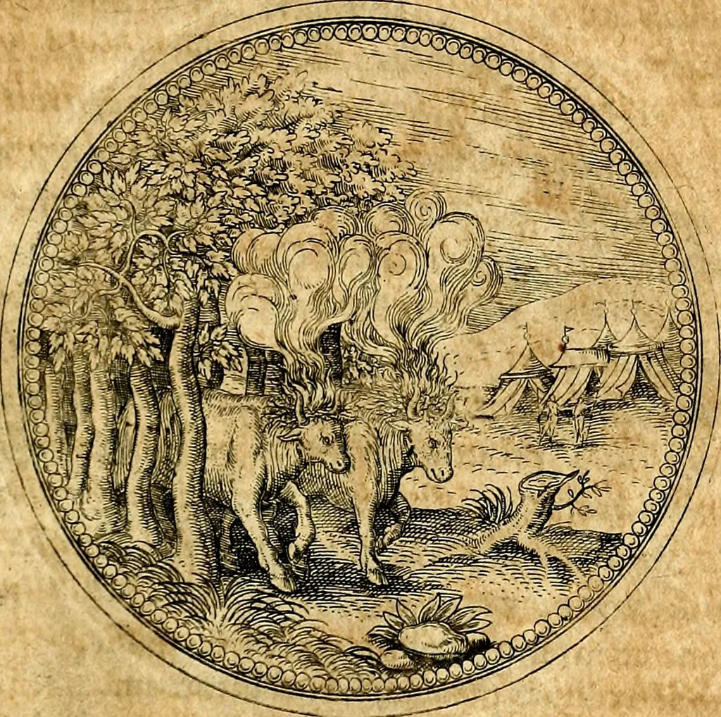 An illustration from Joachimi Camerarii Symbolorvm et emblematvm centvriæ tres. I. Ex herbis & stirpibus. II. Ex animalibus quadrupedibus. III. Ex volatilibus & insectis. Accessit noviter centvria IV. Ex aquatilibus & reptilibus. Cvm figvris æneis, 1605, leaf 264