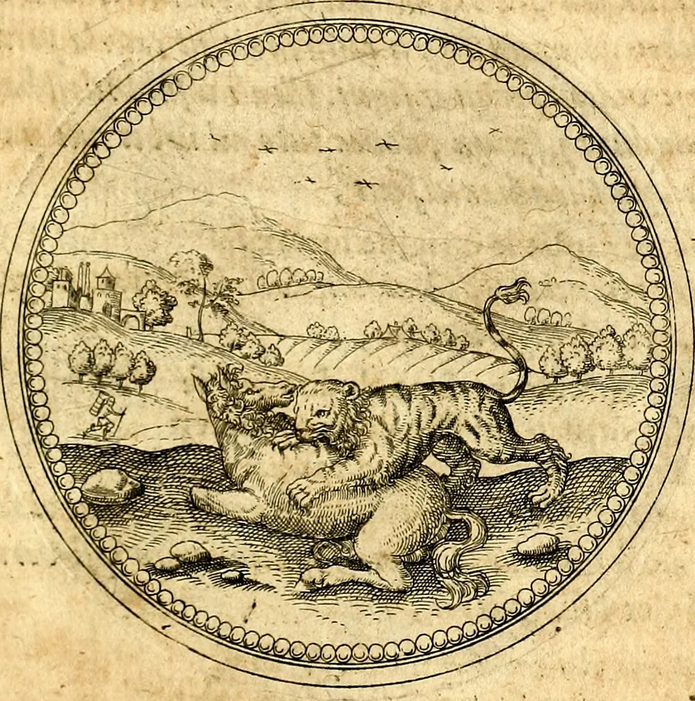 An illustration from Joachimi Camerarii Symbolorvm et emblematvm centvriæ tres. I. Ex herbis & stirpibus. II. Ex animalibus quadrupedibus. III. Ex volatilibus & insectis. Accessit noviter centvria IV. Ex aquatilibus & reptilibus. Cvm figvris æneis, 1605, leaf 284