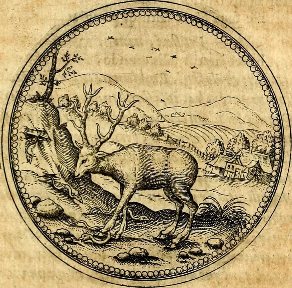 An illustration from Joachimi Camerarii Symbolorvm et emblematvm centvriæ tres. I. Ex herbis & stirpibus. II. Ex animalibus quadrupedibus. III. Ex volatilibus & insectis. Accessit noviter centvria IV. Ex aquatilibus & reptilibus. Cvm figvris æneis, 1605, leaf 294