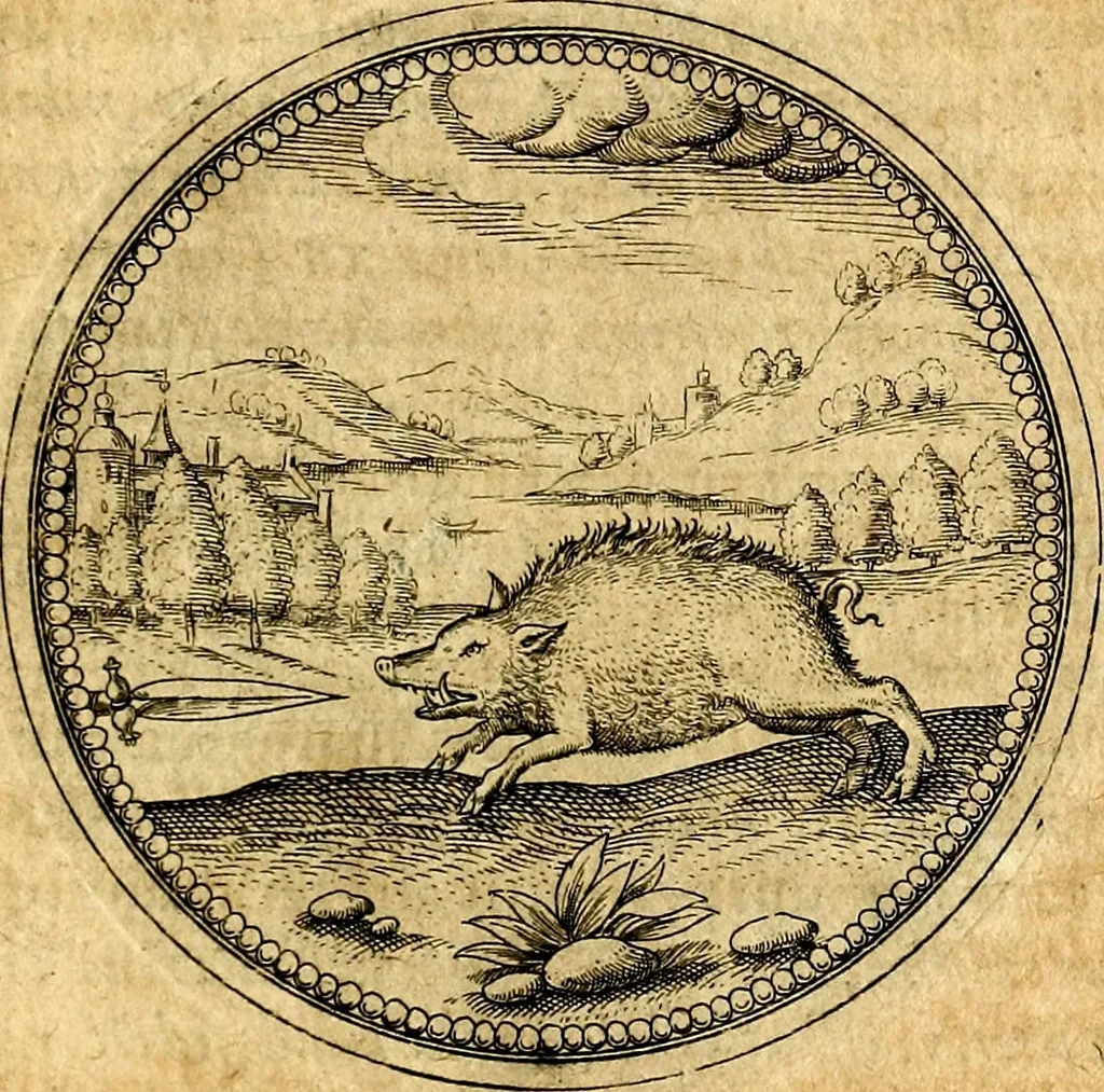 An illustration from Joachimi Camerarii Symbolorvm et emblematvm centvriæ tres. I. Ex herbis & stirpibus. II. Ex animalibus quadrupedibus. III. Ex volatilibus & insectis. Accessit noviter centvria IV. Ex aquatilibus & reptilibus. Cvm figvris æneis, 1605, leaf 308