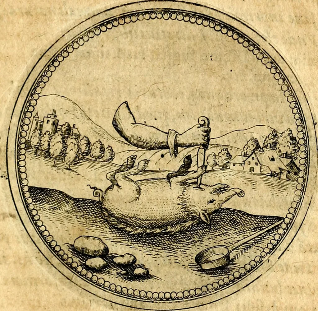 An illustration from Joachimi Camerarii Symbolorvm et emblematvm centvriæ tres. I. Ex herbis & stirpibus. II. Ex animalibus quadrupedibus. III. Ex volatilibus & insectis. Accessit noviter centvria IV. Ex aquatilibus & reptilibus. Cvm figvris æneis, 1605, leaf 310