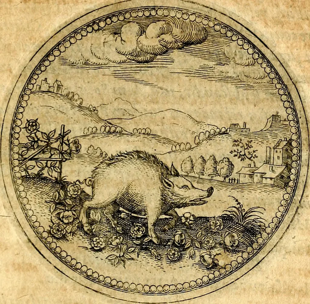 An illustration from Joachimi Camerarii Symbolorvm et emblematvm centvriæ tres. I. Ex herbis & stirpibus. II. Ex animalibus quadrupedibus. III. Ex volatilibus & insectis. Accessit noviter centvria IV. Ex aquatilibus & reptilibus. Cvm figvris æneis, 1605, leaf 312