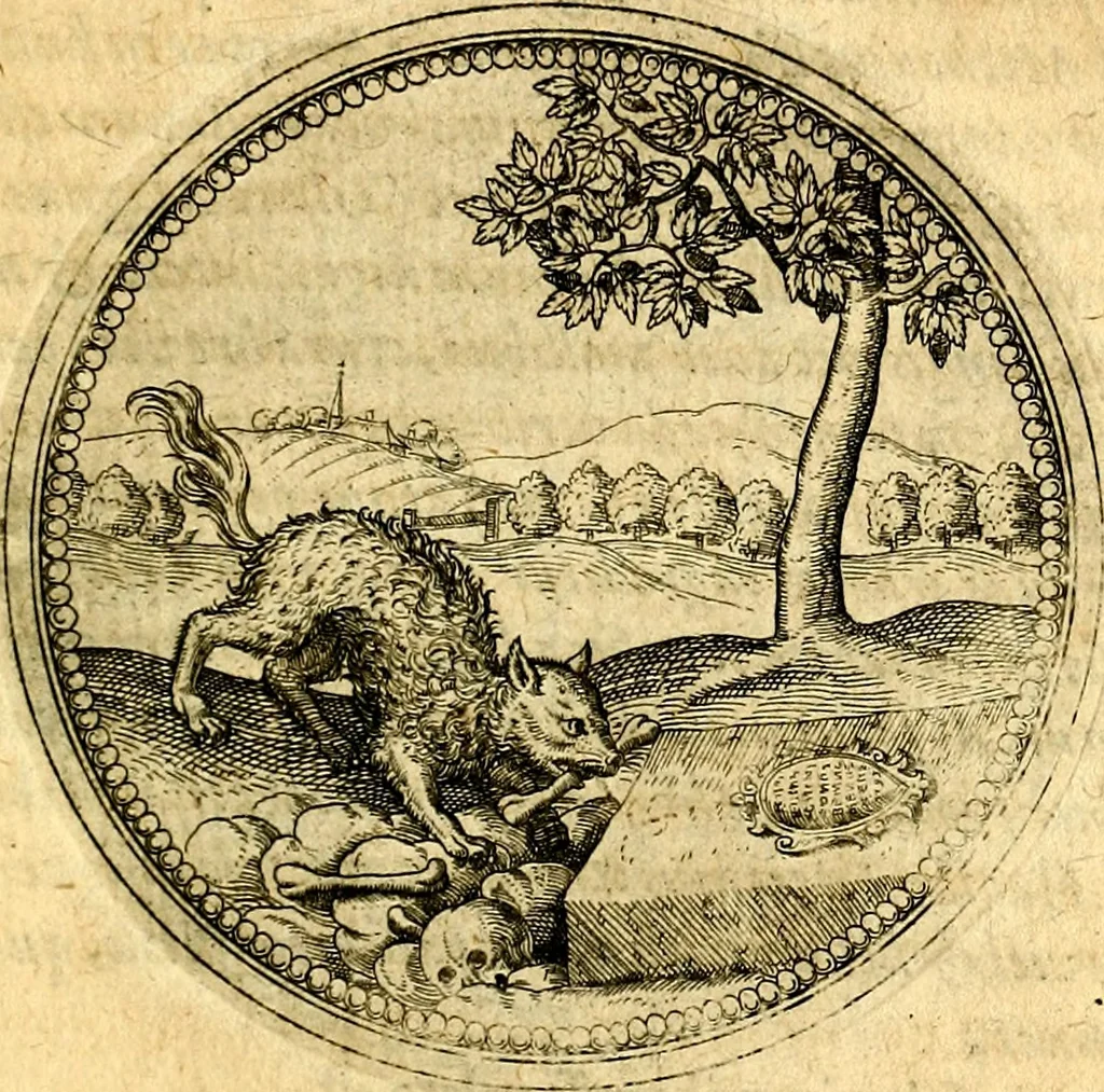 An illustration from Joachimi Camerarii Symbolorvm et emblematvm centvriæ tres. I. Ex herbis & stirpibus. II. Ex animalibus quadrupedibus. III. Ex volatilibus & insectis. Accessit noviter centvria IV. Ex aquatilibus & reptilibus. Cvm figvris æneis, 1605, leaf 318