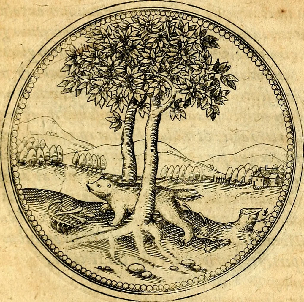 An illustration from Joachimi Camerarii Symbolorvm et emblematvm centvriæ tres. I. Ex herbis & stirpibus. II. Ex animalibus quadrupedibus. III. Ex volatilibus & insectis. Accessit noviter centvria IV. Ex aquatilibus & reptilibus. Cvm figvris æneis, 1605, leaf 320