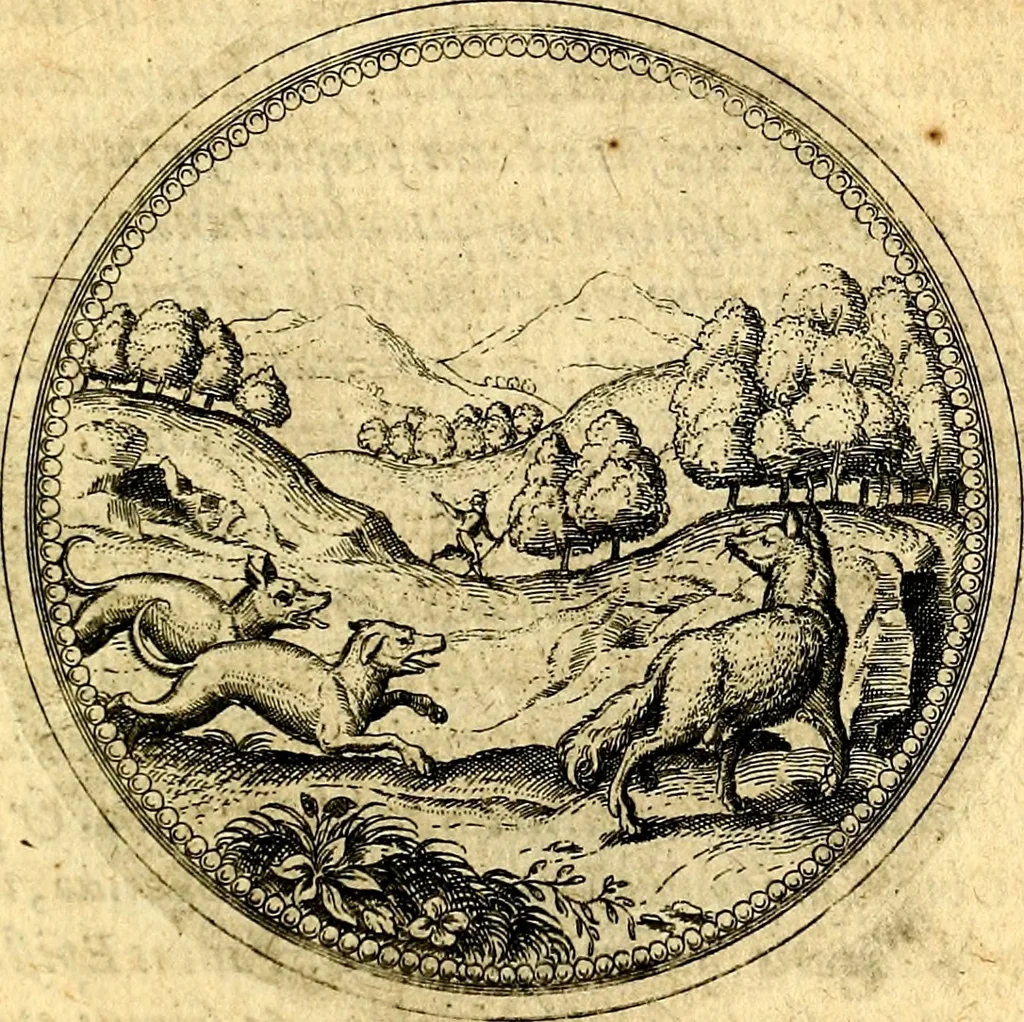An illustration from Joachimi Camerarii Symbolorvm et emblematvm centvriæ tres. I. Ex herbis & stirpibus. II. Ex animalibus quadrupedibus. III. Ex volatilibus & insectis. Accessit noviter centvria IV. Ex aquatilibus & reptilibus. Cvm figvris æneis, 1605, leaf 324